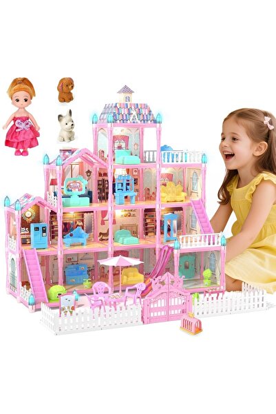 Smart Vibe Casă de păpuși SmartVibe cu lumini LED și 285 de piese, 4 etaje, 12 camere, mobilier detașabil pink