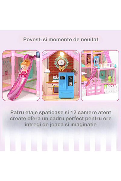 Smart Vibe Casă de păpuși SmartVibe cu lumini LED și 285 de piese, 4 etaje, 12 camere, mobilier detașabil pink