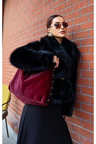 DMG Collection Модерна плюшена дамска чанта с големи размери и капсулни детайли