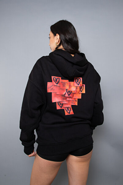 Sekizbiraltı Love Printed Oversize Unisex Μαύρο Hoodie