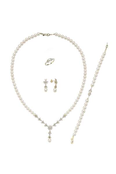 Birinci 14 Ayar Altın 6 mm Yaprak Modelli Doğal İnci Küpe Kolye Bileklik Yüzü...