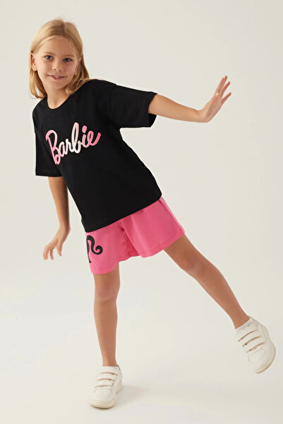 Barbie Licensed L1703 Patterned T-Shirt and Shorts Bottom Top Girl's Set Black
