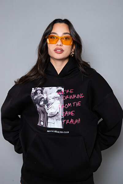 Sekizbiraltı Μαύρο φούτερ με κουκούλα με στάμπα τραύματος, μεγάλου μεγέθους, unisex