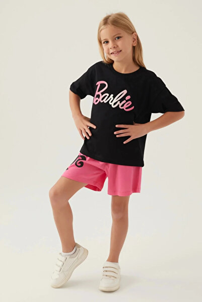 Barbie Licensed L1703 Patterned T-Shirt and Shorts Bottom Top Girl's Set Black