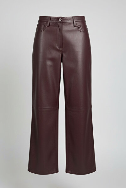Deriderim Burgundy Genuine Leather Wide Leg Women's Trousers