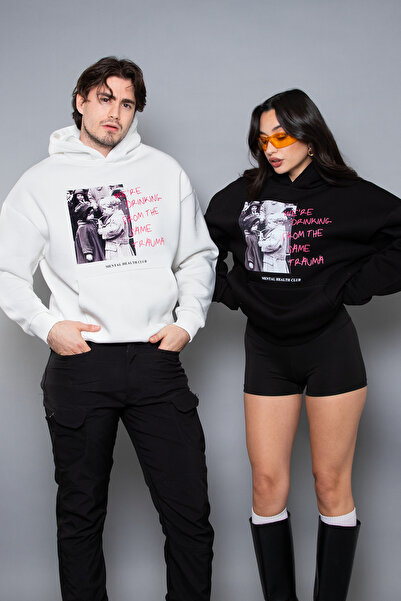 Sekizbiraltı Μαύρο φούτερ με κουκούλα με στάμπα τραύματος, μεγάλου μεγέθους, unisex