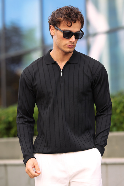 aziso Black Men's Polo Neck Half Zip Knitwear Sweater