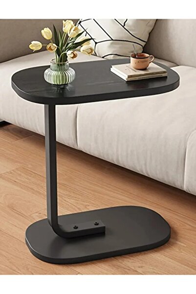 Generic Modern Coffee Table | C-Shaped Side Table with Brown Wood Top and Black Metal Frame 60x28x40 cm