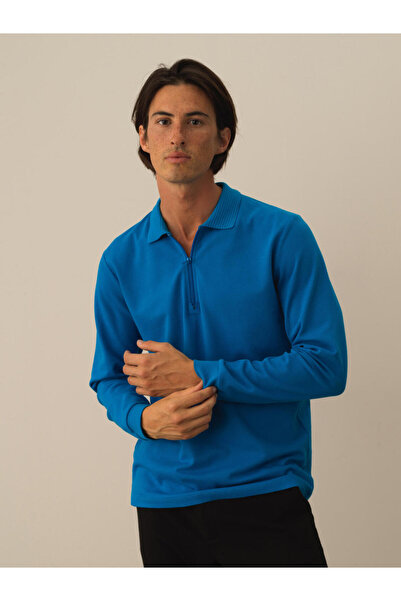 Xint Erkek Mavi Pamuk Dokulu Regular Fit Uzun Kollu Tişört