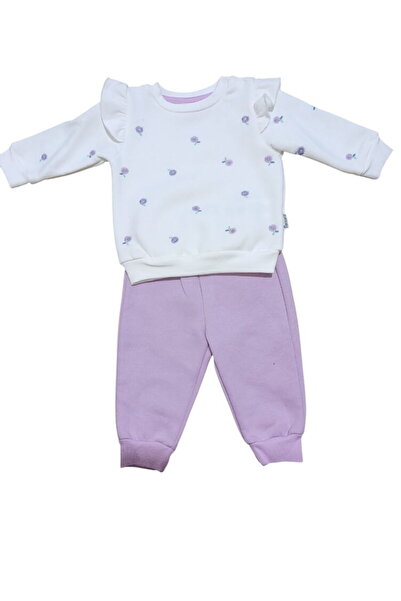 Miniworld 18802 Kız Bebek Serpme Çiçek Nakışlı Şardonlu Üç İplik 2'li Takım