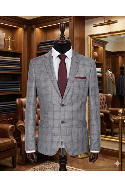 OSCAR BANKS Erkek Light Gri Bordo Ekose Desenli ceket |Viskon Karışım Kumaş