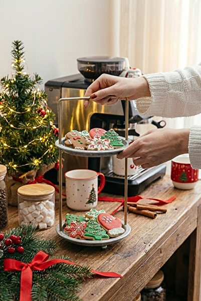 Arma House Country Style Galvanized Gold Rimed Round 2 Tier Presentation Plate / Organizer