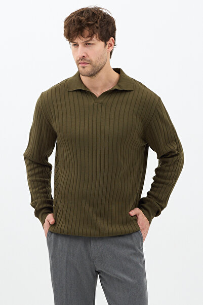 Tarz Cool Men's Khaki Slim Fit Long Sleeve Polo Neck Knitwear Sweater