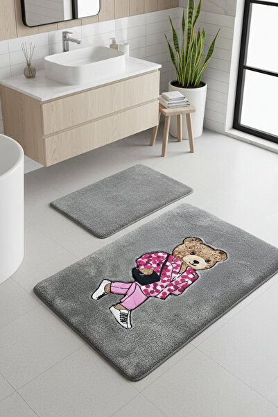 Chilai Home Boss Bear Gri 2li Nakışlı Banyo Paspası ,Kaymaz Tabanlı 60x100 50...