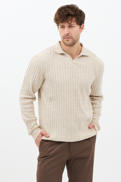 Tarz Cool Чоловічий бежевий трикотажний светр з довгими рукавами та поло-комірцем