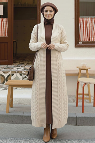 benguen Πλεκτή Ζακέτα Μακρύ Πλεκτό Μοτίβο R4251 Χρώμα Πέτρας