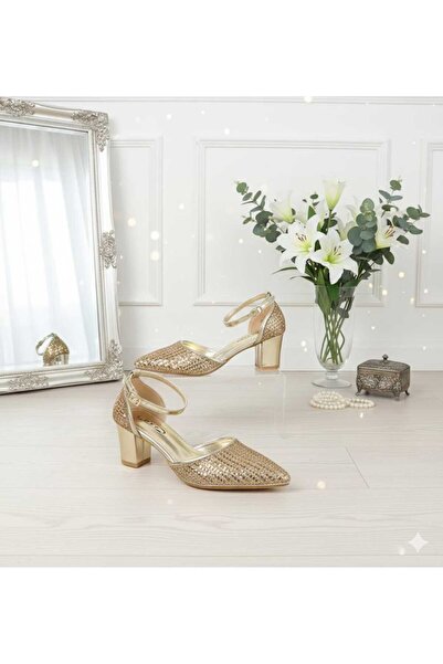 BST صندل كعب عريض مرصع بالاحجار من الامام والخلف