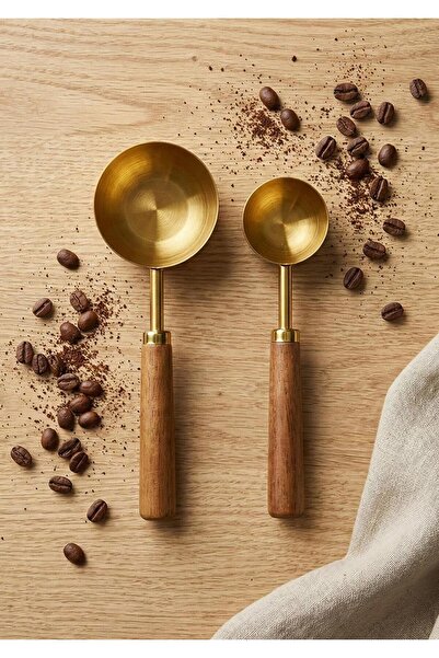 HomeTarz Gold Measuring Spoon Set with Wooden Handle - 2 Coffee Measuring Spoons - 30 + 60 ml