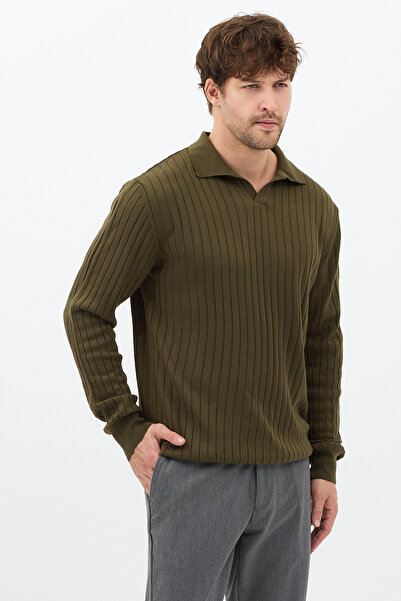 Tarz Cool Men's Khaki Slim Fit Long Sleeve Polo Neck Knitwear Sweater