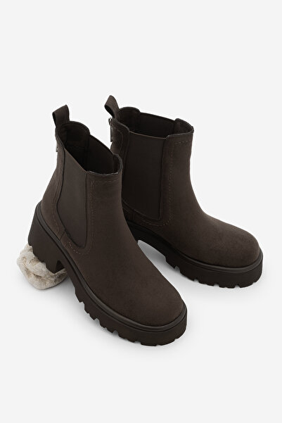 Marjin Γυναικείες μπότες με χοντρό τακούνι με φερμουάρ ελαστικές καφέ μπότες καθημερινής χρήσης Fenros Brown Suede