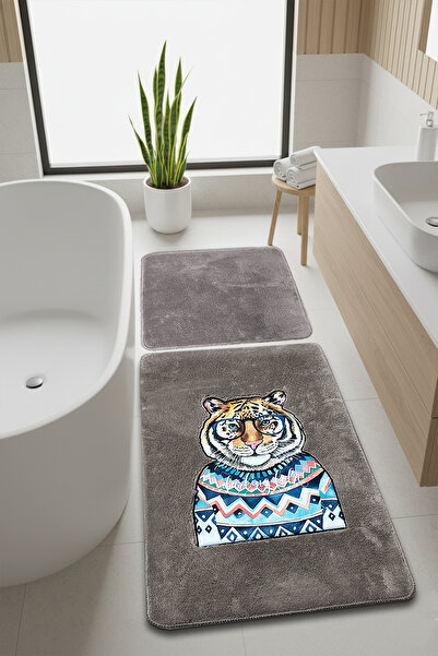 Chilai Home Logwe Stone 2-Piece Embroidered Bath Mat, Non-Slip Base 60X100 50X60 cm