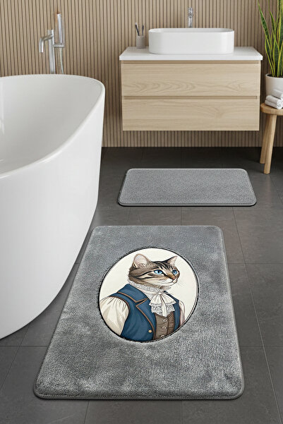 Chilai Home Modcat Gray 2-Piece Embroidered Bath Mat, Non-Slip Base 60X100 50X60 cm