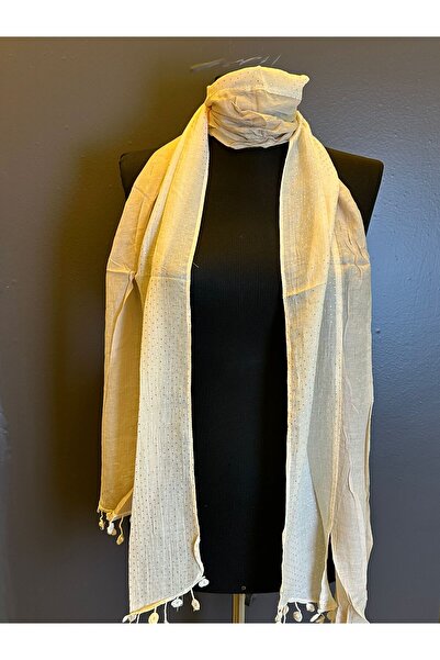 Gönülden Tasarım 190X25 cm Double Color Polka Dot Beaded Women's Scarf Ecru
