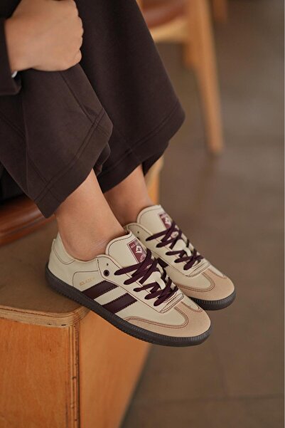 SOLAZER Women's Beige Burgundy Orthopedic Sole Line Detailed Casual Sneaker 057