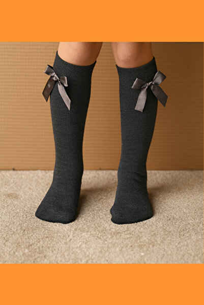 Esinti 4 ζευγάρια κοριτσίστικες κάλτσες με φιόγκο σε ανθρακί καπνιστό χρώμα, μακριές κάλτσες σχολικές κάλτσες