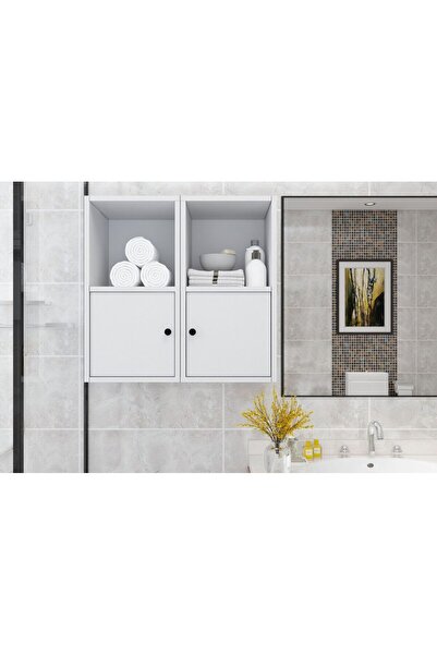 Nettrends Snow Açık Raflı İki Kapaklı Dört Bölmeli Duvar Tipi Beyaz Banyo Raf...
