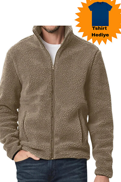 VEGA PORT Unisex Plush Full Zippered Sweatshirt with 2 Pockets and Fleece Inside Beige