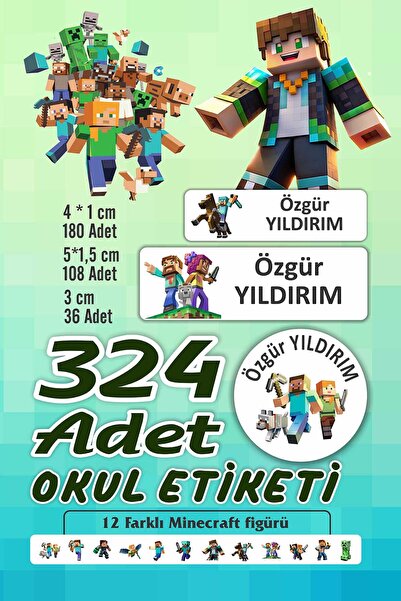 Vice isim Baskılı Defter Kalem Okul Etiketi (324 Adet Minecraft Temalı Etiket )