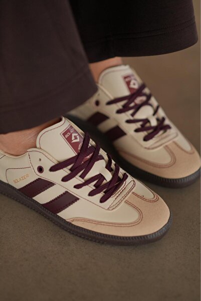 SOLAZER Women's Beige Burgundy Orthopedic Sole Line Detailed Casual Sneaker 057