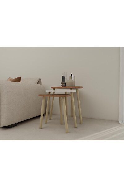 Masif Market 3lü Üçgen Zigon Sehpa Marbella Kiraz-Beyaz
