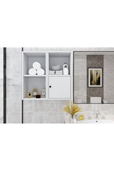 Nettrends Snow Açık Raflı Kapaklı Dört Bölmeli Duvar Tipi Beyaz Banyo Rafı BNY-1036