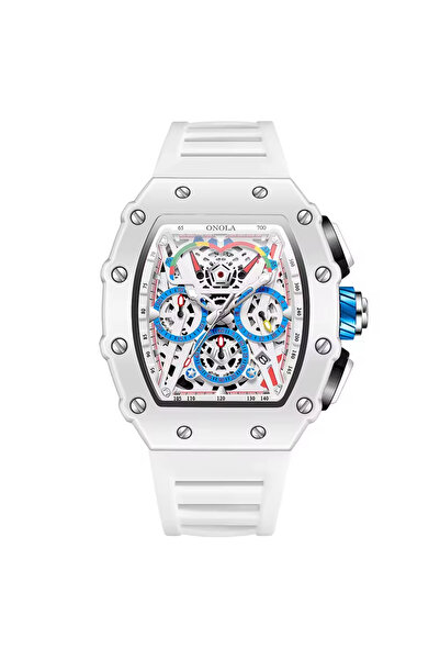 onola 6827W Ceas Skeleton Luminos Silicon 44mm Cuarț Impermeabil 3ATM – Design Tonneau, Curea Alba