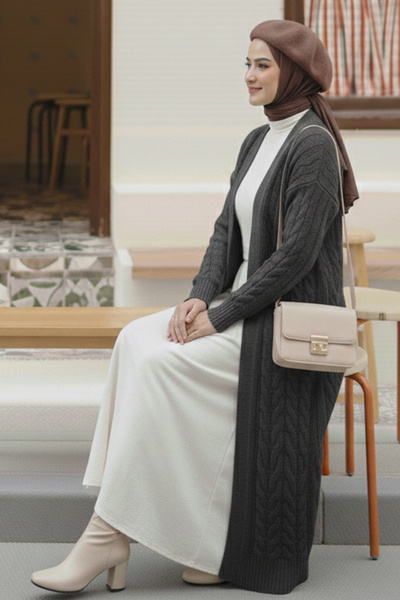 benguen Knitted Patterned Long Knitwear Cardigan R4251 Anthracite