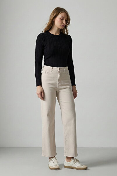 hateko Γυναικείο τζιν Hakan Stretch φαρδύ μπατζάκι Ecru ψηλόμεσο τζιν παντελόνι