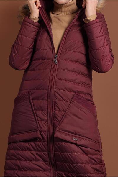 TRENDTESETTÜR Women's Claret Red Large Pocket Detailed Hooded Puffer Jacket T 1206