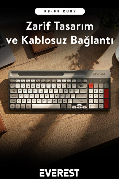 Everest Kb-88 Ruby Siyah/gri Kablosuz 2.4g + Bluetooth Bt1 Bt2 Çoklu Cihaz Bağlantılı Q Ince Klavye