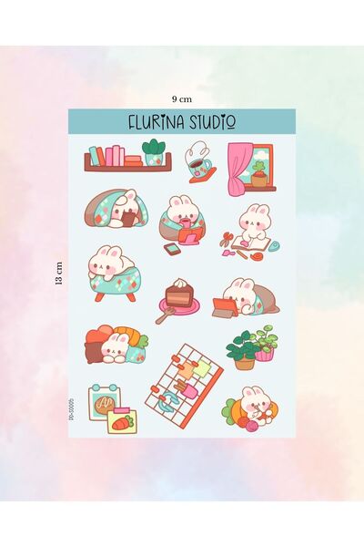 Flurina Studio Kawaii Miskin Tavşancık Sticker Sayfası BEYAZ KAĞIT