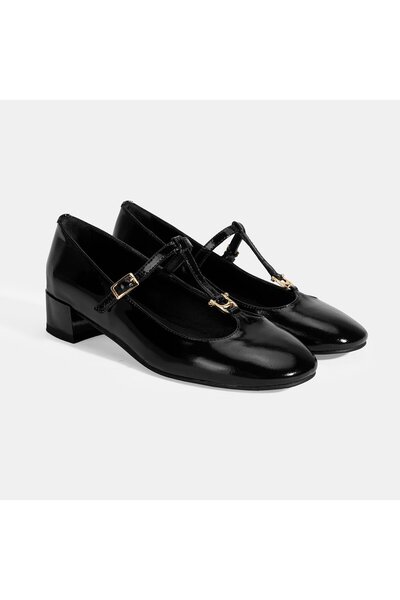 Desa Women's Black Buckle Accessory T-Band Patent Leather Heeled Ballerinas