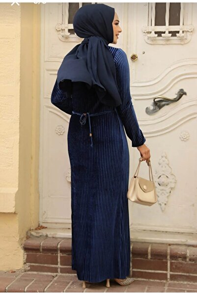 Neva Style Πλισέ Navy Blue Velvet Hijab Φόρεμα 22751L