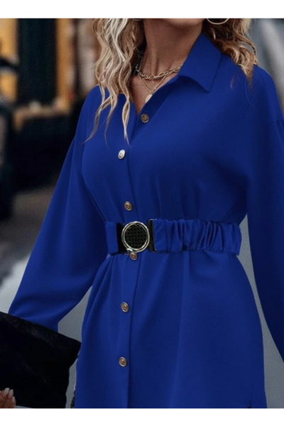 KentselBazaar Women's Long Sleeve Collared Front Buttoned Belted Imported Crepe Blouse