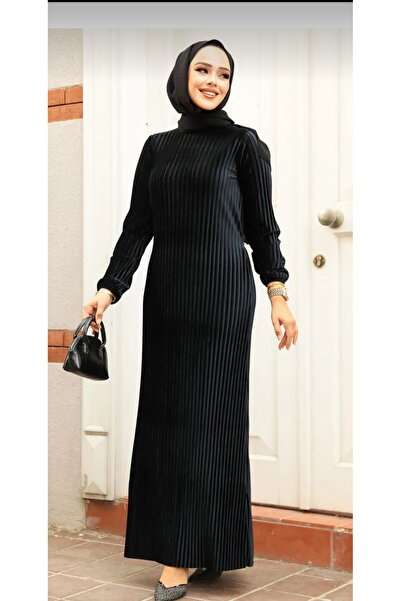 Neva Style Μαύρο Βελούδινο Μουσουλμανικό Φόρεμα - Πλισέ 22751S
