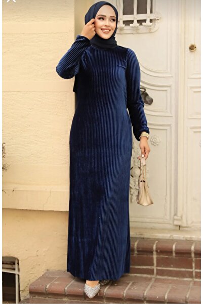 Neva Style Πλισέ Navy Blue Velvet Hijab Φόρεμα 22751L