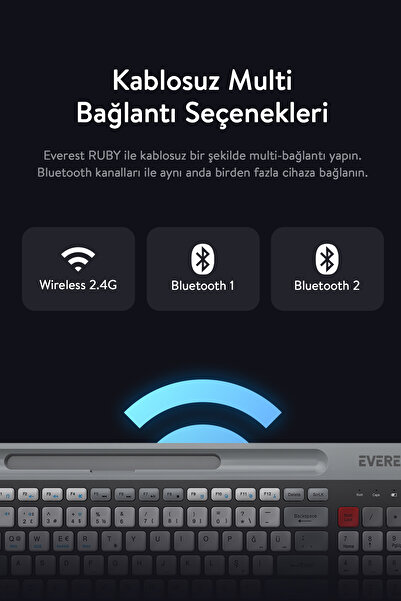 Everest Kb-88 Ruby Siyah/gri Kablosuz 2.4g + Bluetooth Bt1 Bt2 Çoklu Cihaz Bağlantılı Q Ince Klavye