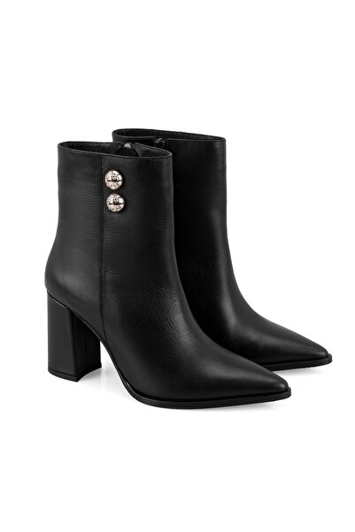 Desa Women's Black Leather Heeled Boots with Metal Accessories