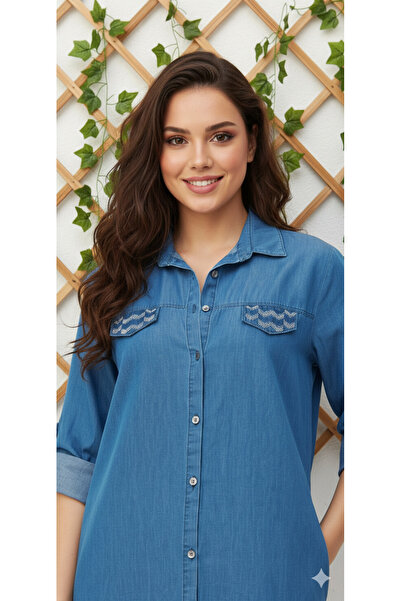 MODA Gizli cep detayı taş işlemeli metal düğmeli , kollar katlama detaylı diz üstü kot gömlek tunik