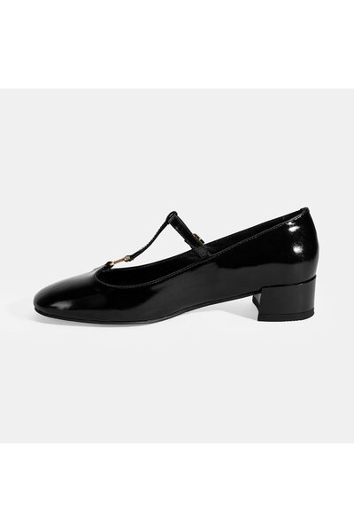 Desa Women's Black Buckle Accessory T-Band Patent Leather Heeled Ballerinas